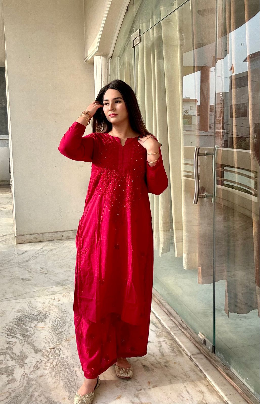 Authentic Red Lucknowi Chikankari & Mukaish Work Cotton Suit Set