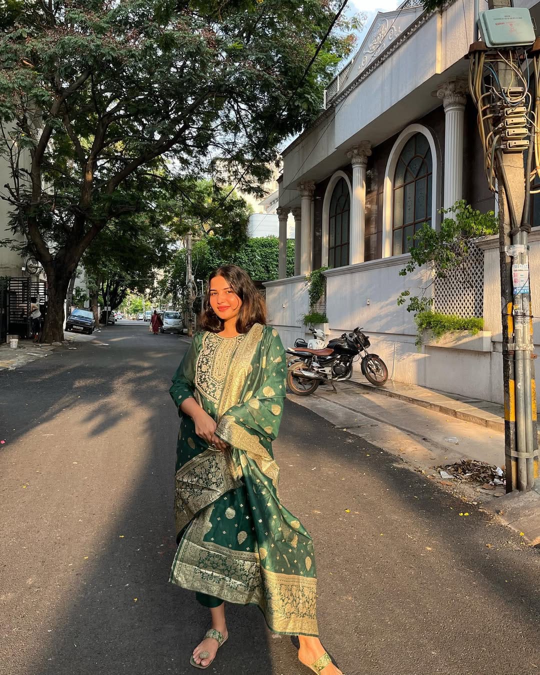 Green Artisan Jacquard Suit Set: Embroidered Neck Top, Pants & Zari Weaving Dupatta