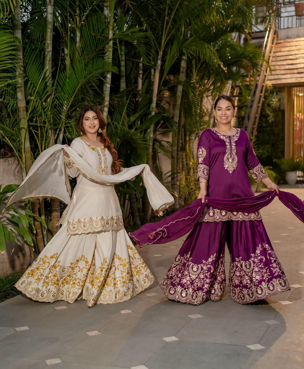 White Stunning Designer Party Wear Top-Sharara & Dupatta Set with Heavy Embroidery Sequence Work