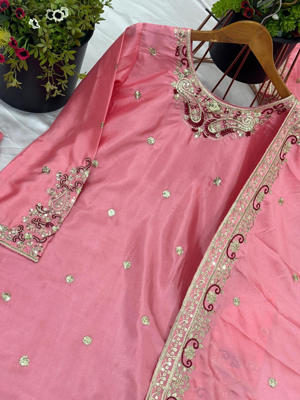 Designer Chinon Silk Pink Sharara Set with Sequin Work