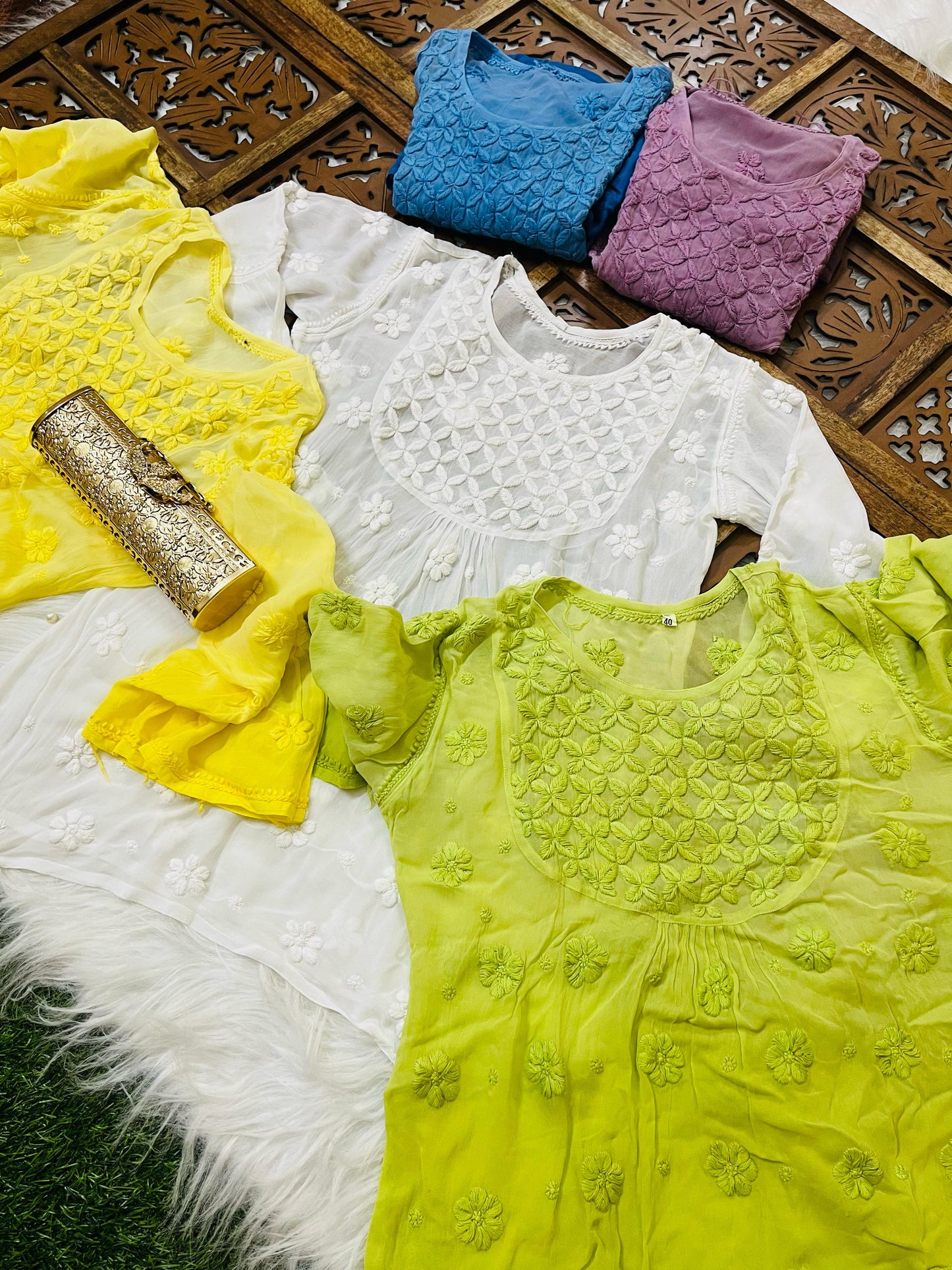 Blue Elegant Short Lucknow Chikankari Kurti Top with 3D Hand Embroidery