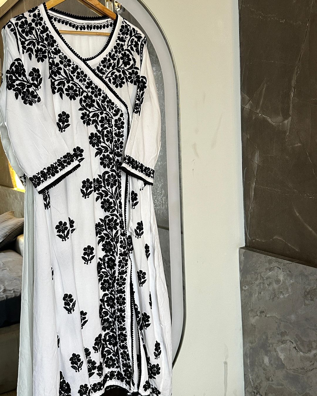 White Soft Lucknow Chikankari Rayon A-Line Angarkha with Mul Mul Pants