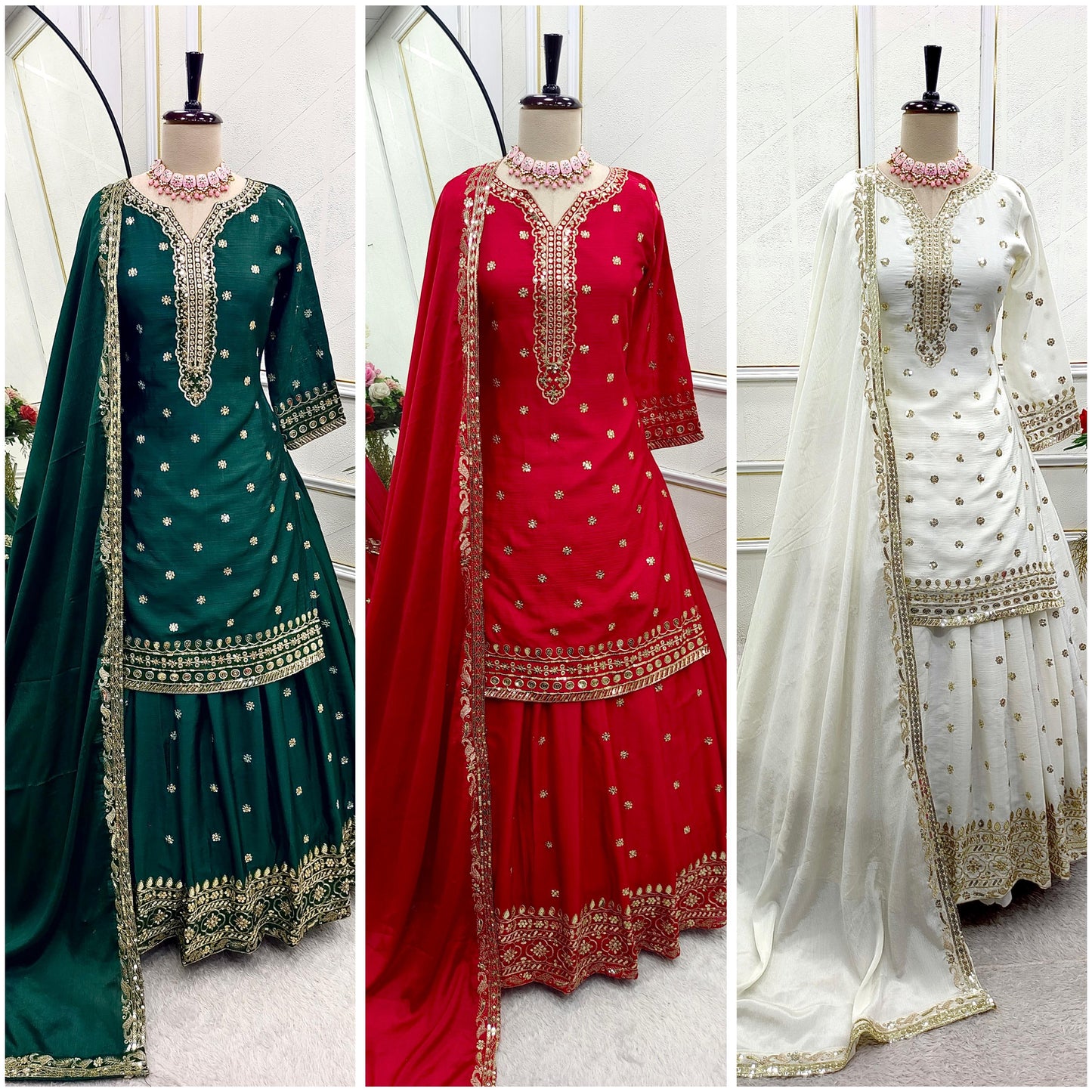 White Elegant Pure Chinon Silk Top-Lehenga-Dupatta Set – Heavy 5mm Sequin Embroidery | Fully Stitched Party Wear Ensemble