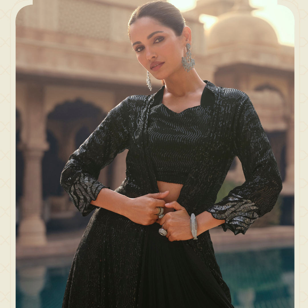 New Black Wedding Wear , Bridesmaid Lehenga Choli with Shrug