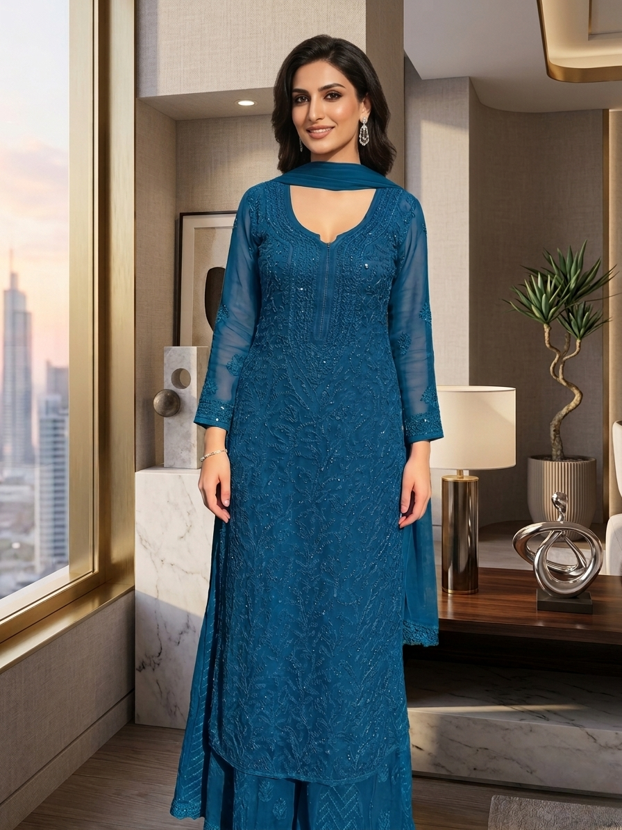 Deep Blue Ethereal Viscose Chikankari & Mukaish Work Ensemble