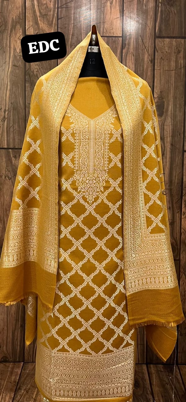 Mustard Banarasi Style Pashmina Kani Suit with Heavy Designer Stole