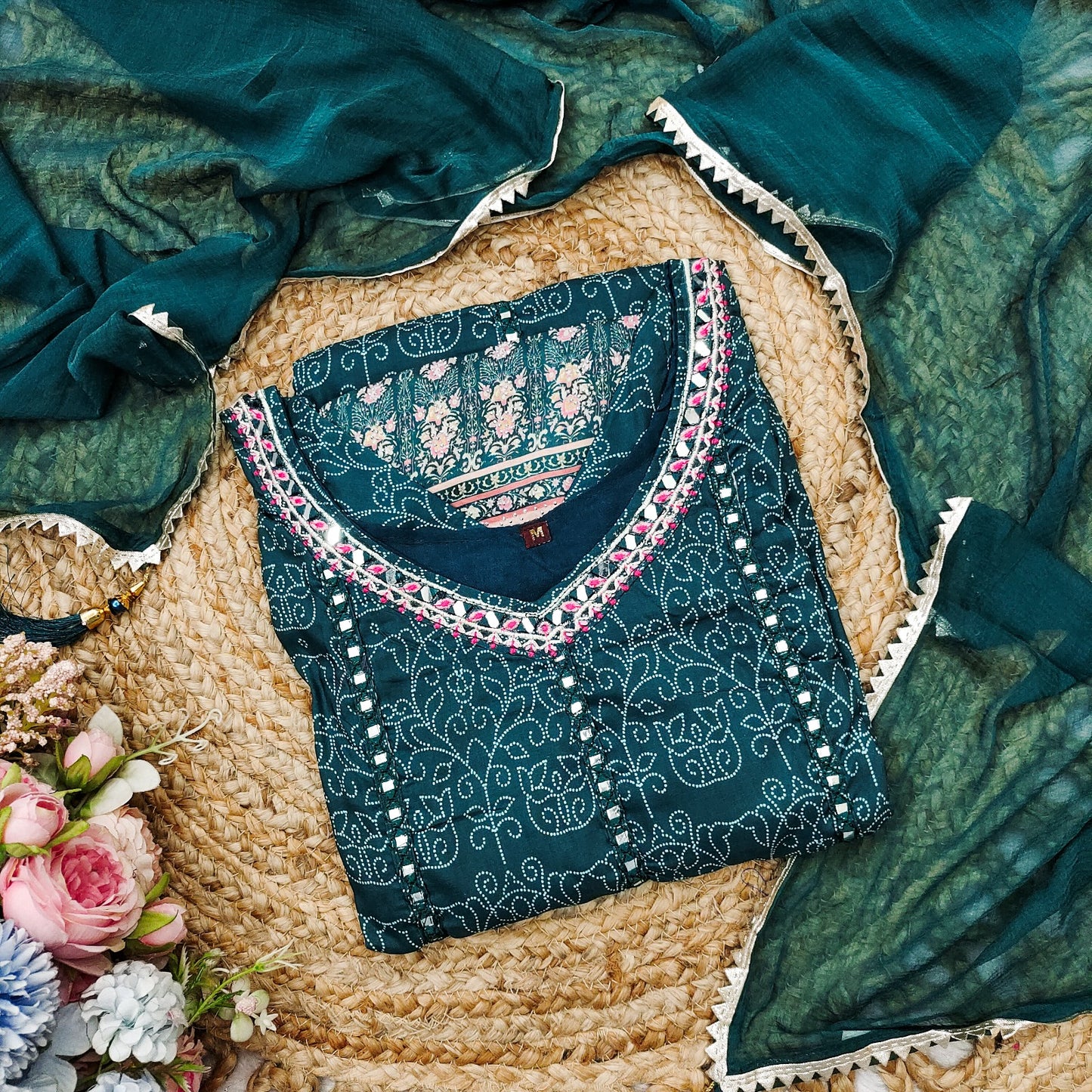 Dark Teal Muslin Embroidered Kurti with Chiffon Dupatta