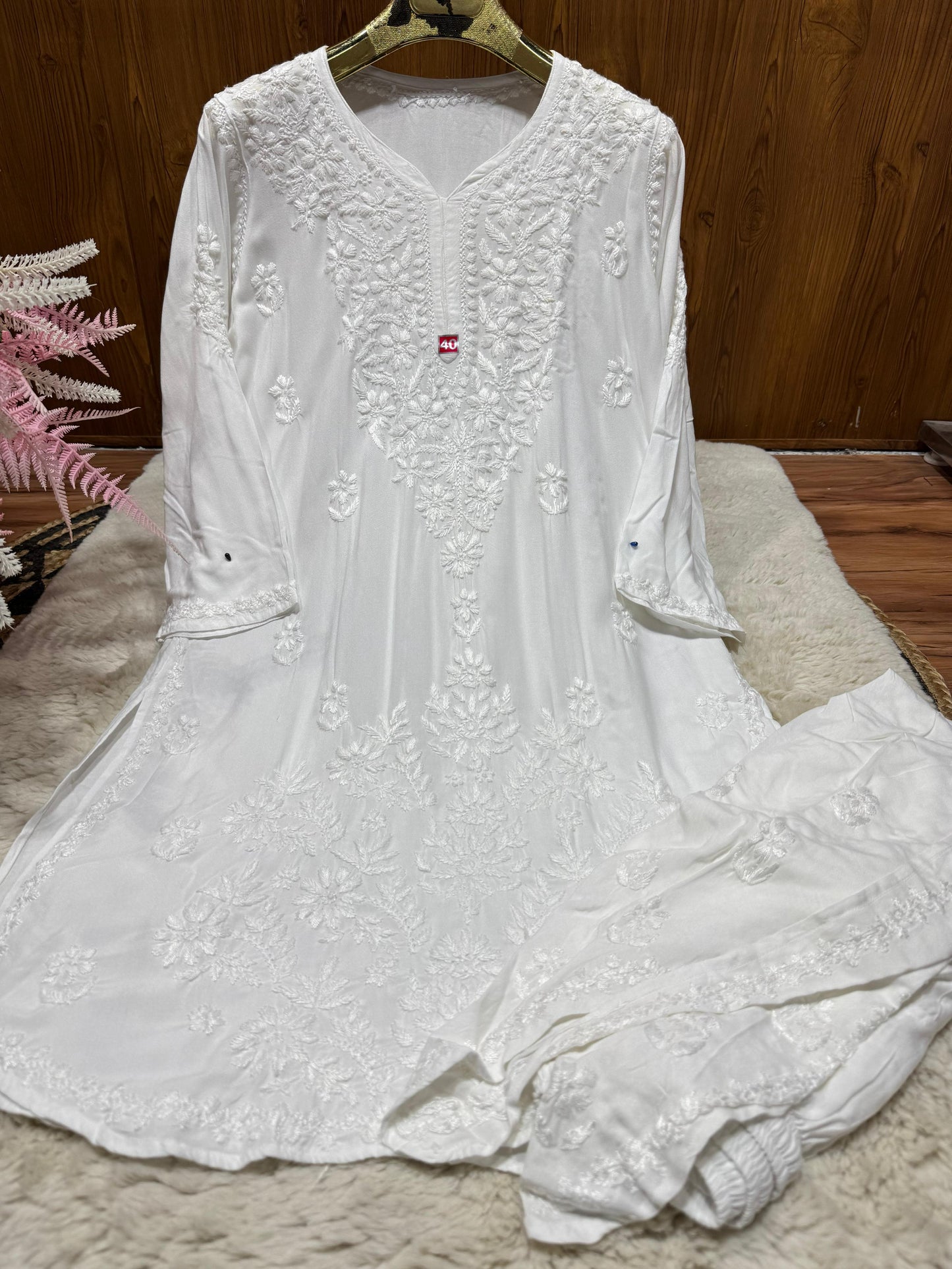 White Lucknow Chikankari Rayon Dhoti Kurti Set