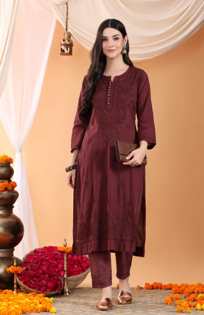 Maroon Lucknow Chikankari Dobby Cotton Kurti Pant Set