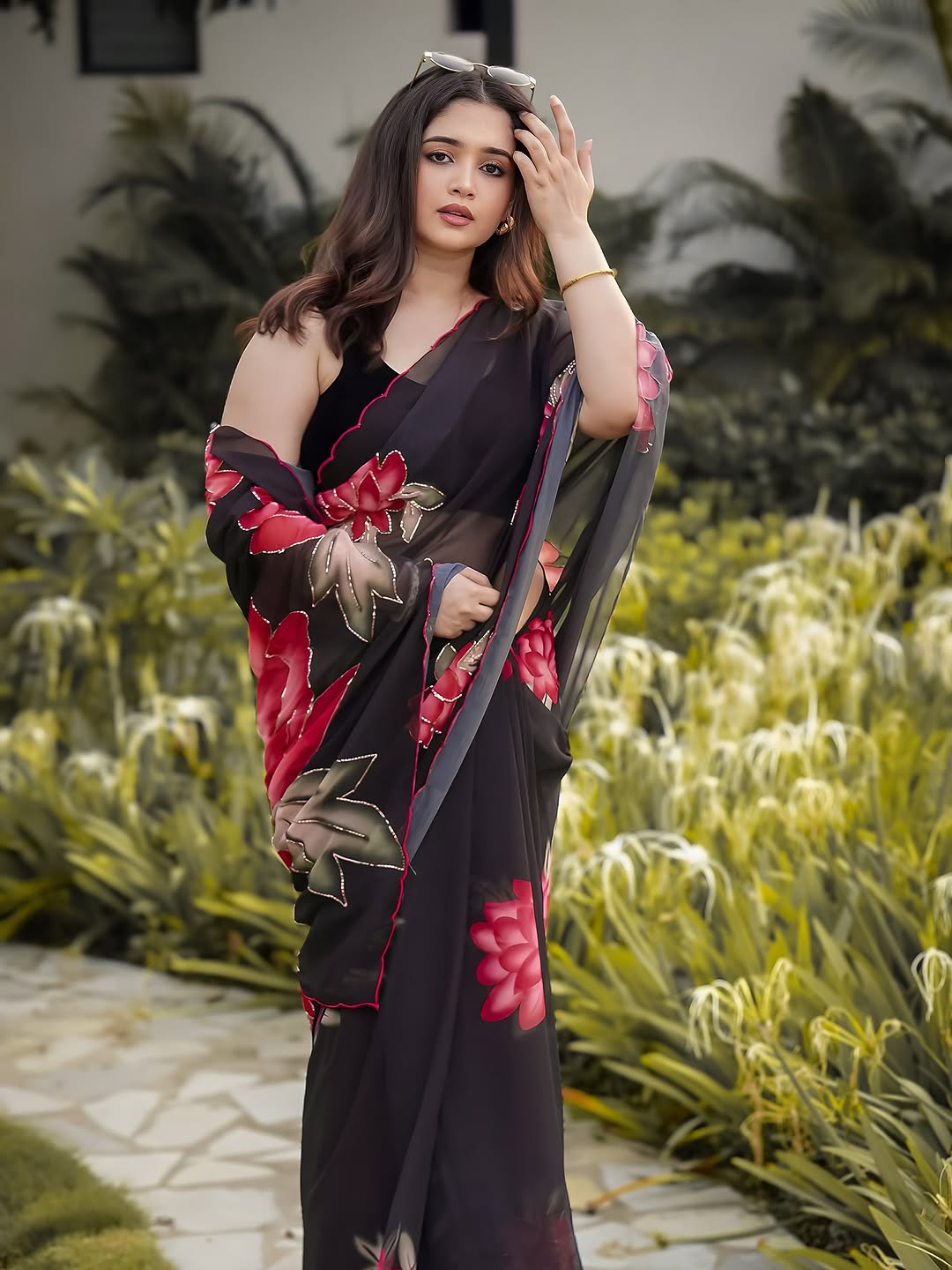 Soft Pure Black Floral Georgette Handwork Saree