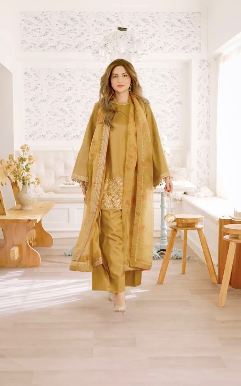Mustard Olive Designer French Crepe Silk Farshi Salwar Suit Set