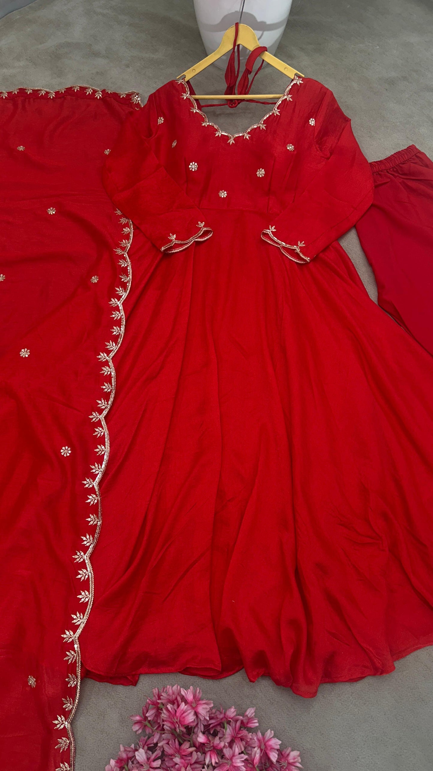 Red Scarlet Blossom Anarkali Gown Set Karwa Chauth Edition