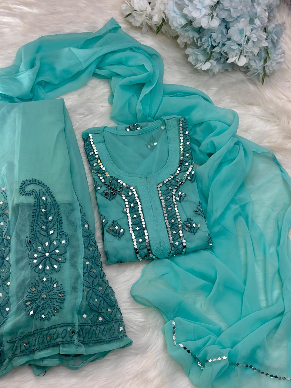 Aqua Green Lucknow Chikankari Mirror Sharara Kurti Set Elegant 4 Piece Outfit Inner Included