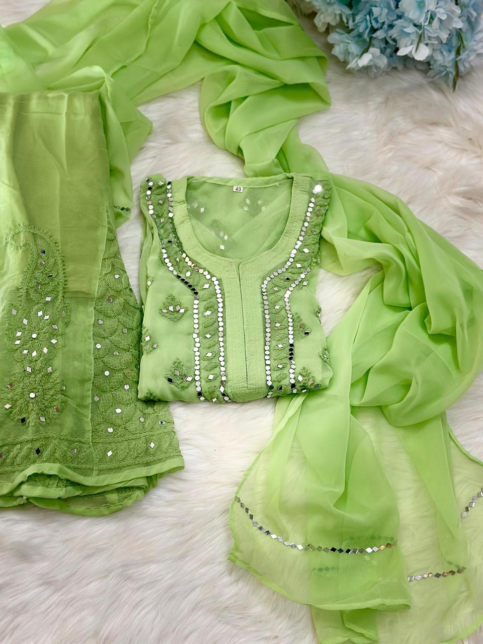 Light Green Lucknow Chikankari Mirror Sharara Kurti Set Elegant 4 Piece Outfit Inner Included