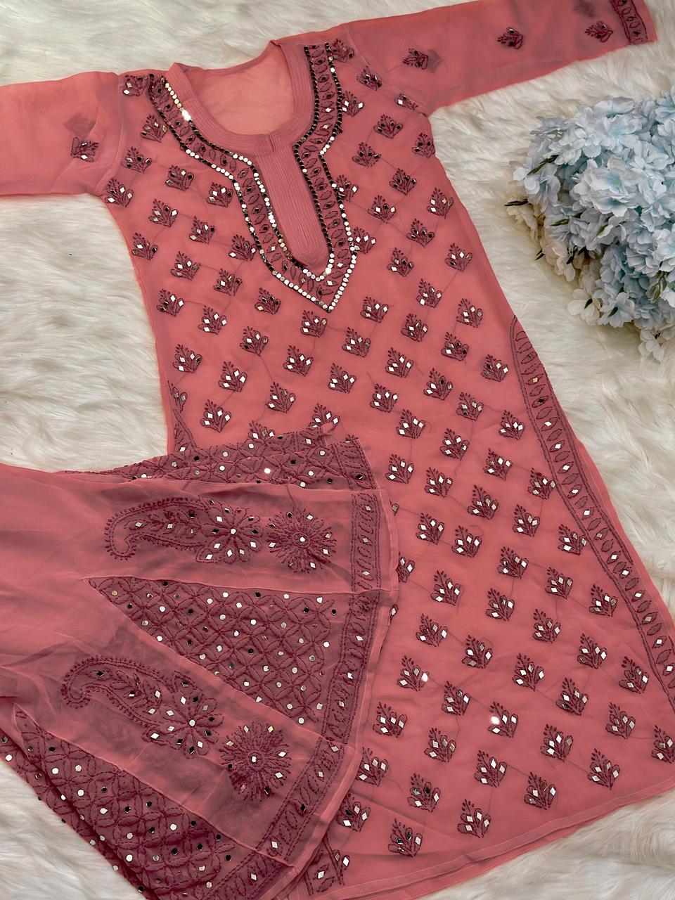 Peach Lucknow Chikankari Mirror Sharara Kurti Set Elegant 4 Piece Outfit Inner Included