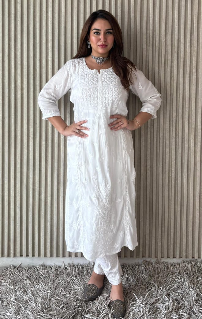 Modal Satin Nyra-Style Kurta Set with 3D Chikankari Handwork