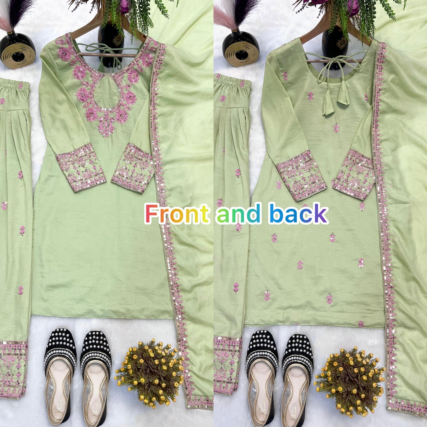 Green Designer Party Wear Rayon Cotton Silk Top with Farshi Salwar & Dupatta Set