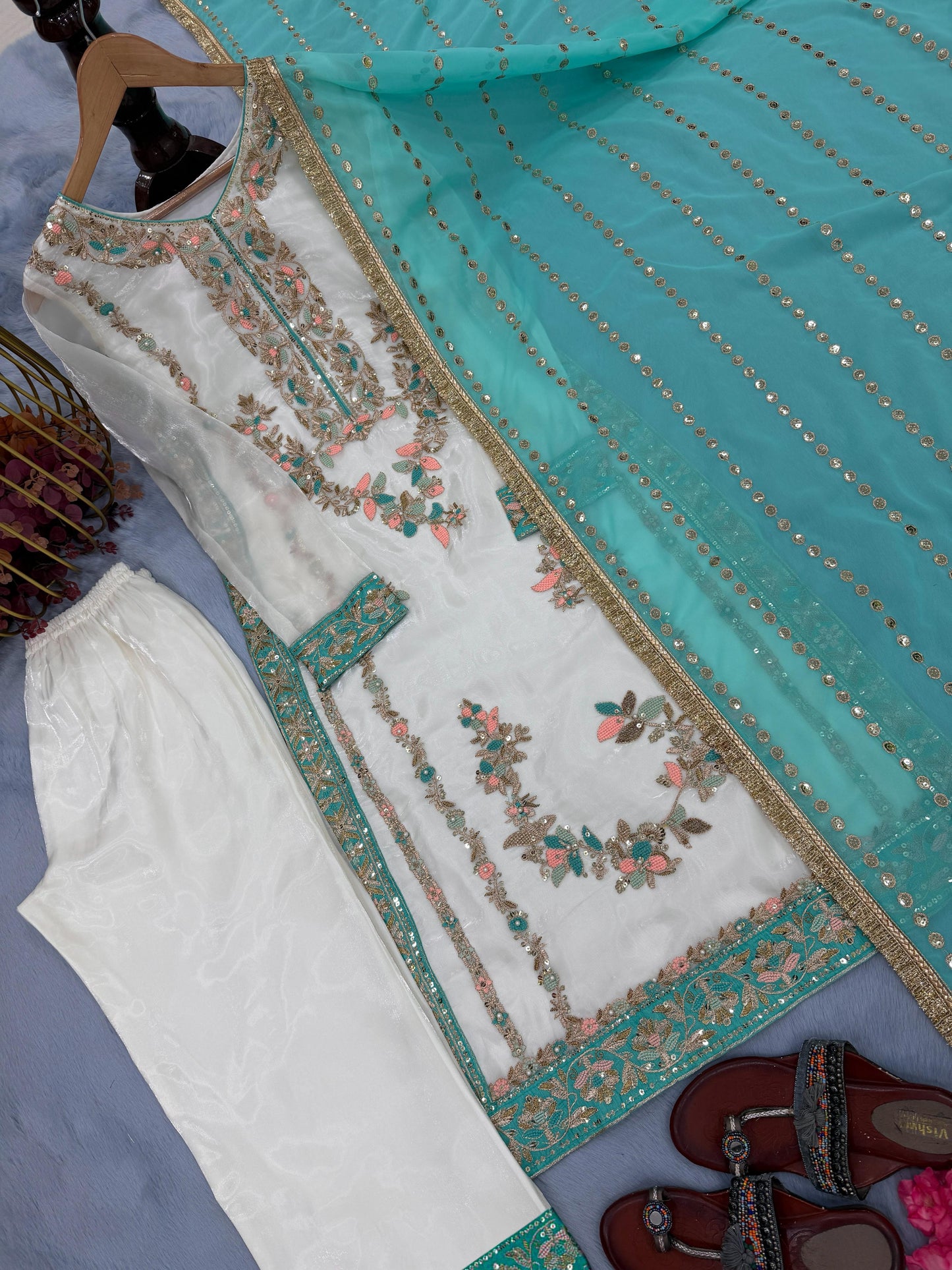 Ivory and Sea Green Designer Party Wear Silk Top, Palazzo & Dupatta Set with Heavy Embroidery