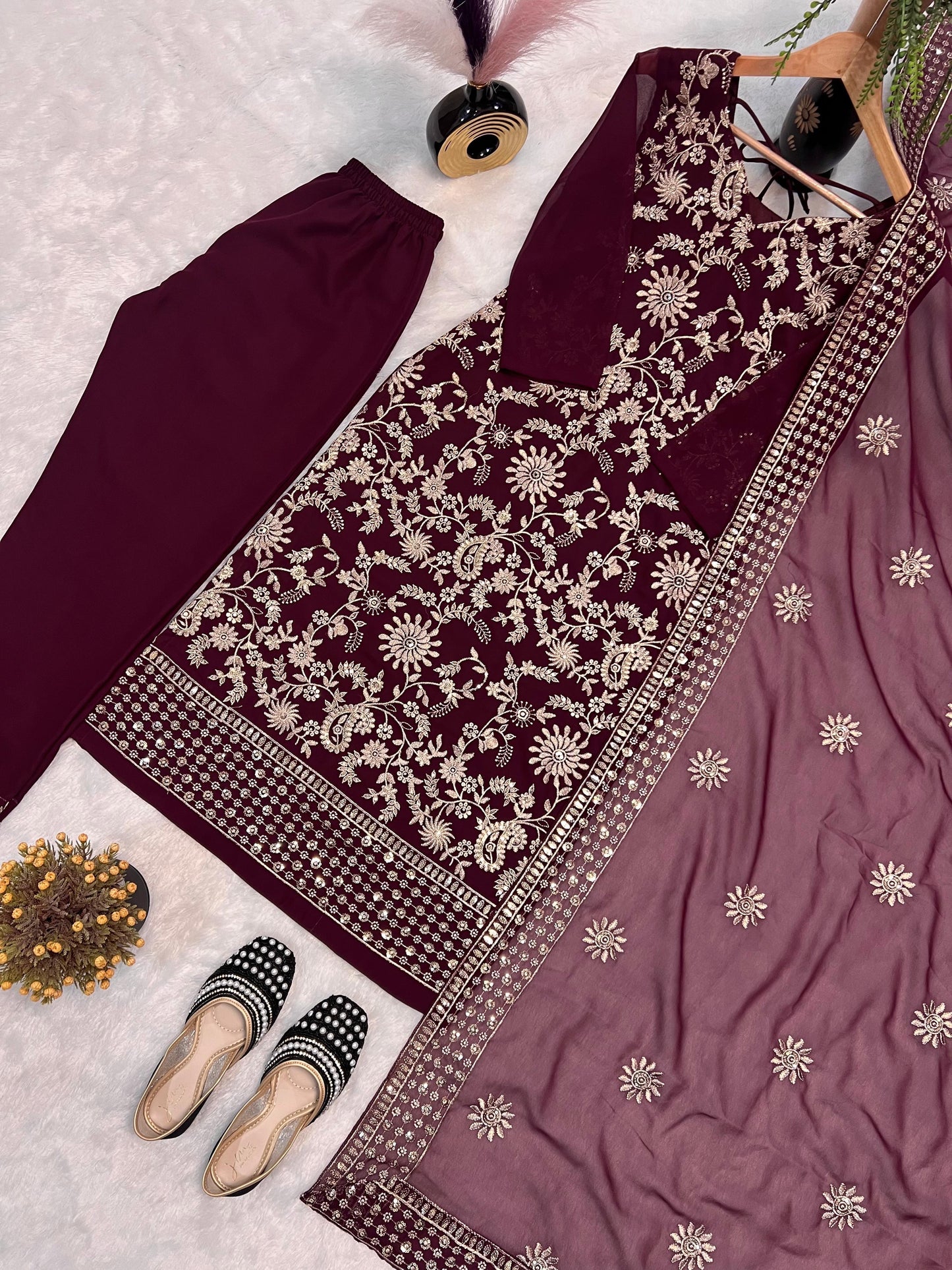 Desirable Wine Color Fancy Faux Georgette Sequins Embroidered Top & Pant Set with Dupatta