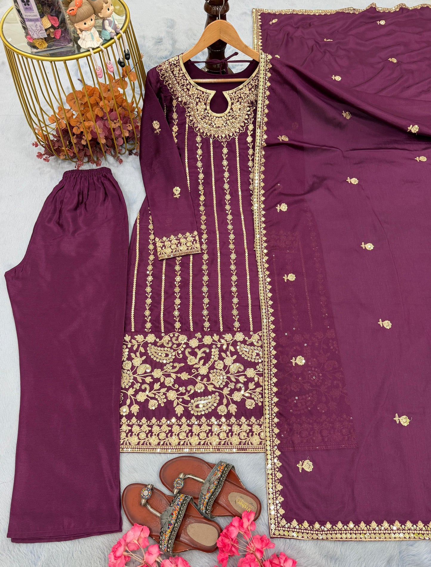 Wine Purple Designer Chinon Silk Embroidered Top–Bottom–Dupatta Set