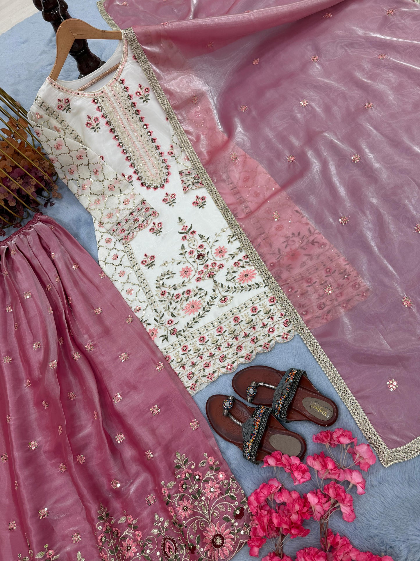 Designer White Silk Embroidered Top–Plazzo–Dupatta Set