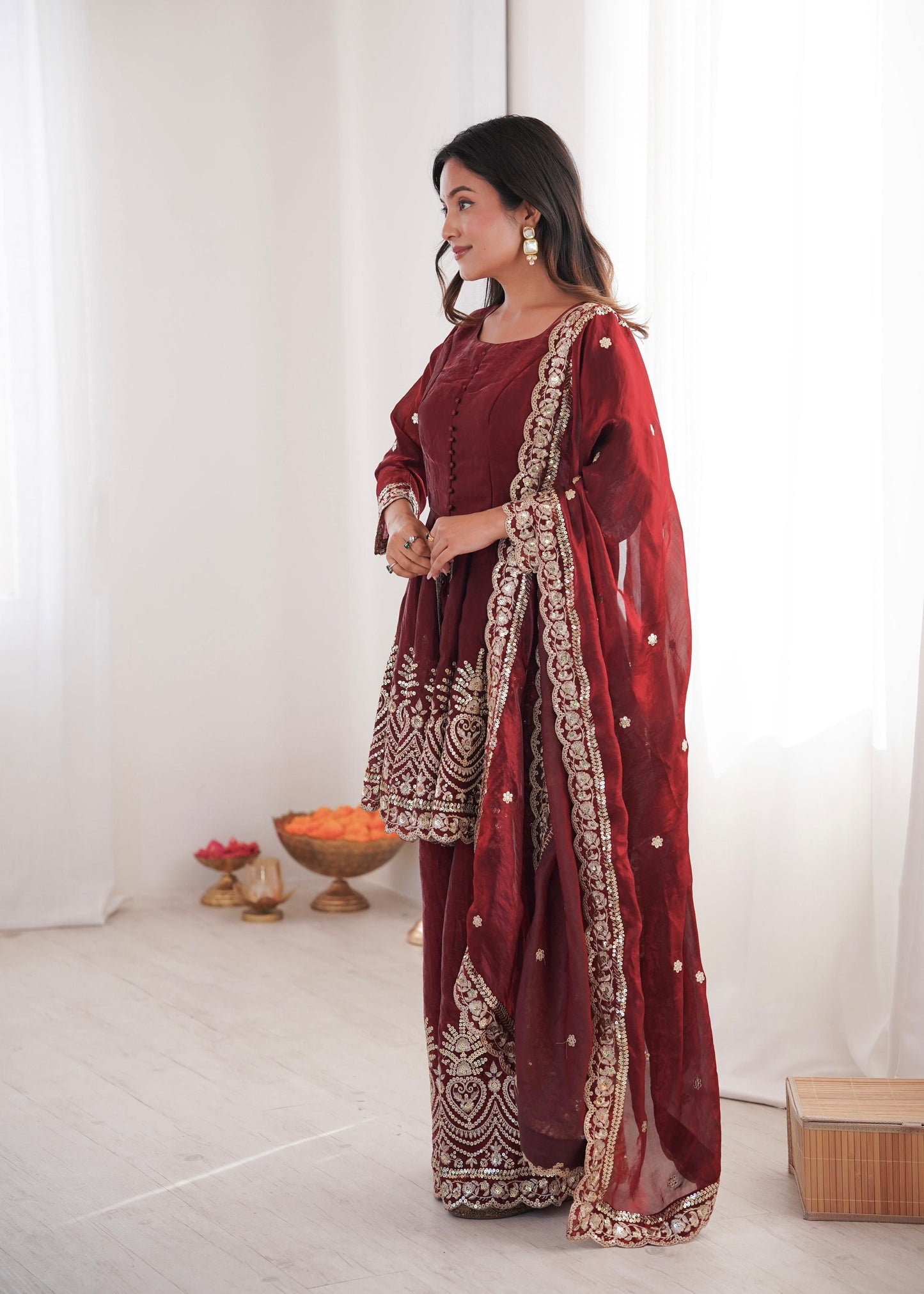 Maroon Designer Party Wear Heavy Two-Tone Fandy Silk Top, Palazzo & Dupatta Set