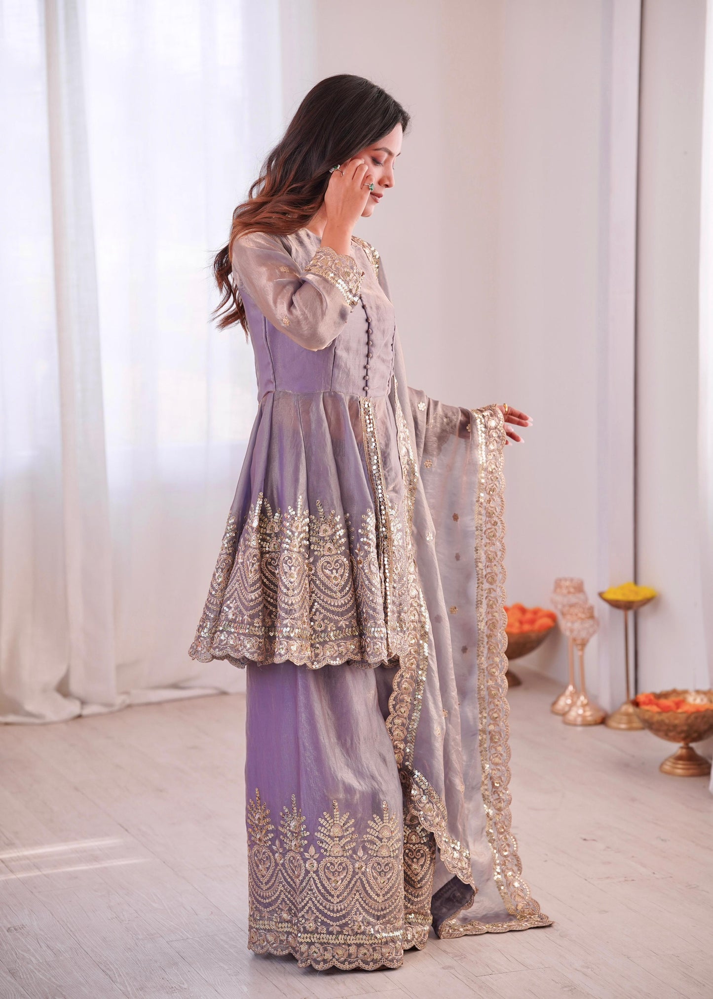 Lavendar Designer Party Wear Heavy Two-Tone Fandy Silk Top, Palazzo & Dupatta Set