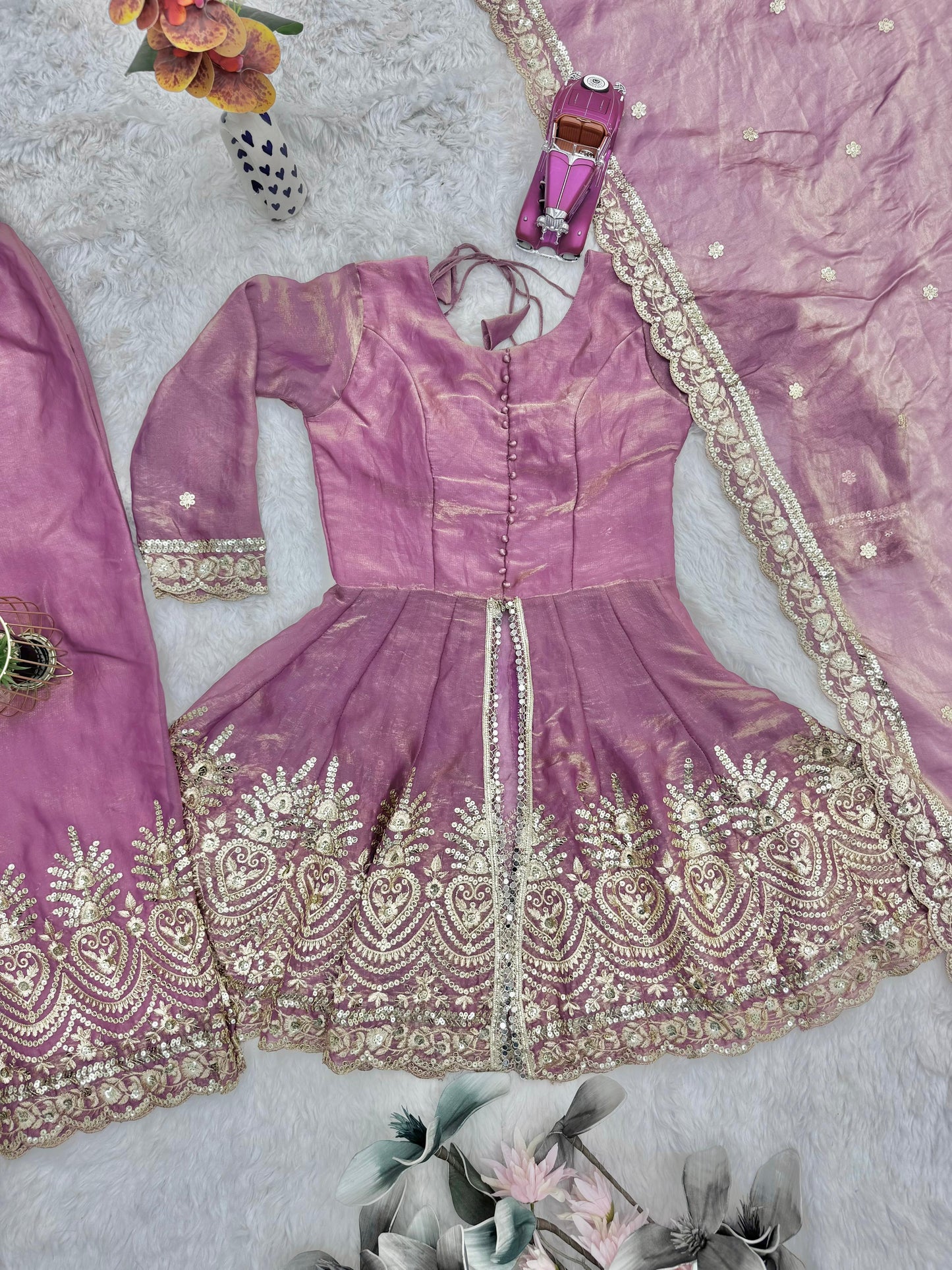 Pink Designer Party Wear Heavy Two-Tone Fandy Silk Top, Palazzo & Dupatta Set