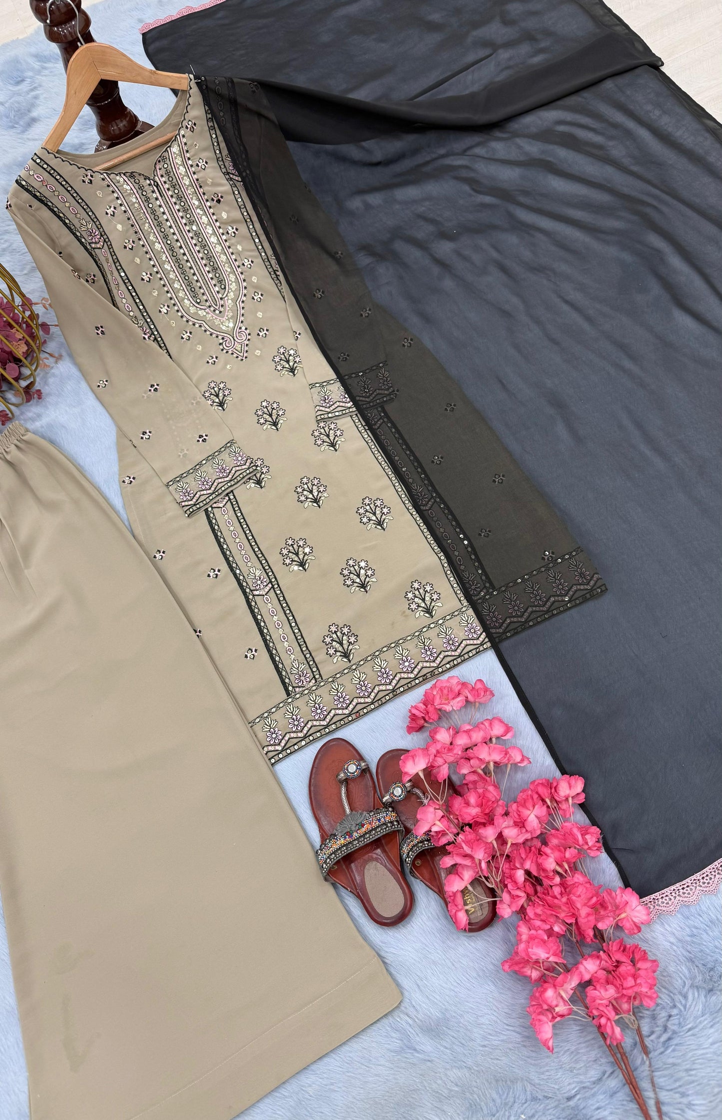 Soft Khaki Beige Premium Designer Heavy Faux Georgette Top, Plazzo & Dupatta Set