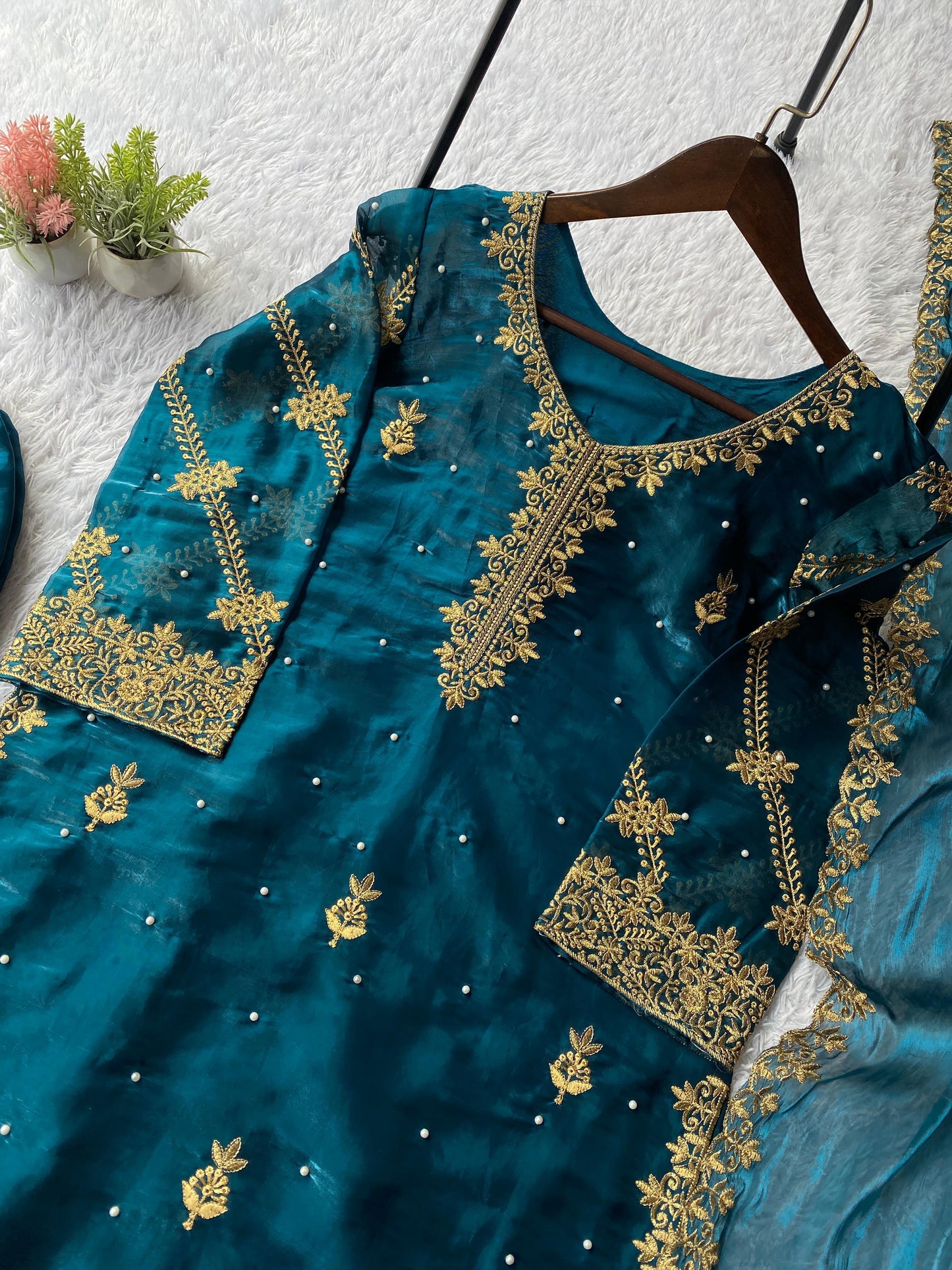 Teal Peacock Blue Designer Zimmy Choo Sequence Embroidered Top, Palazzo & Dupatta Set