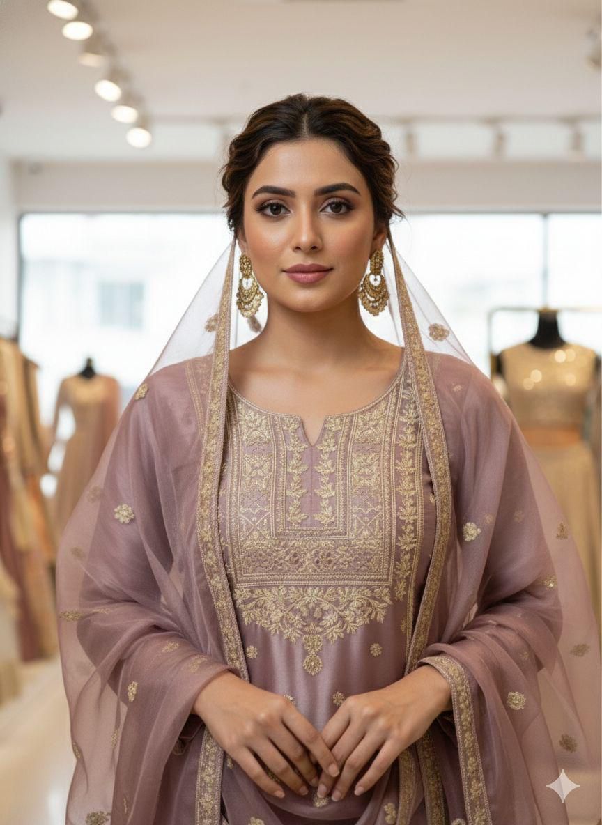 Dusty Pink Designer Cording Sequins Embroidered Top, Sharara & Dupatta Set