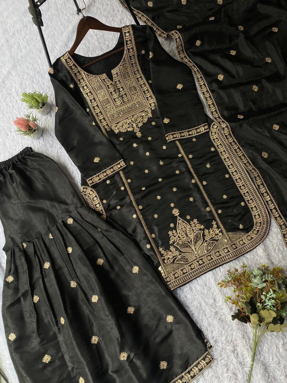Black Designer Cording Sequins Embroidered Top, Sharara & Dupatta Set