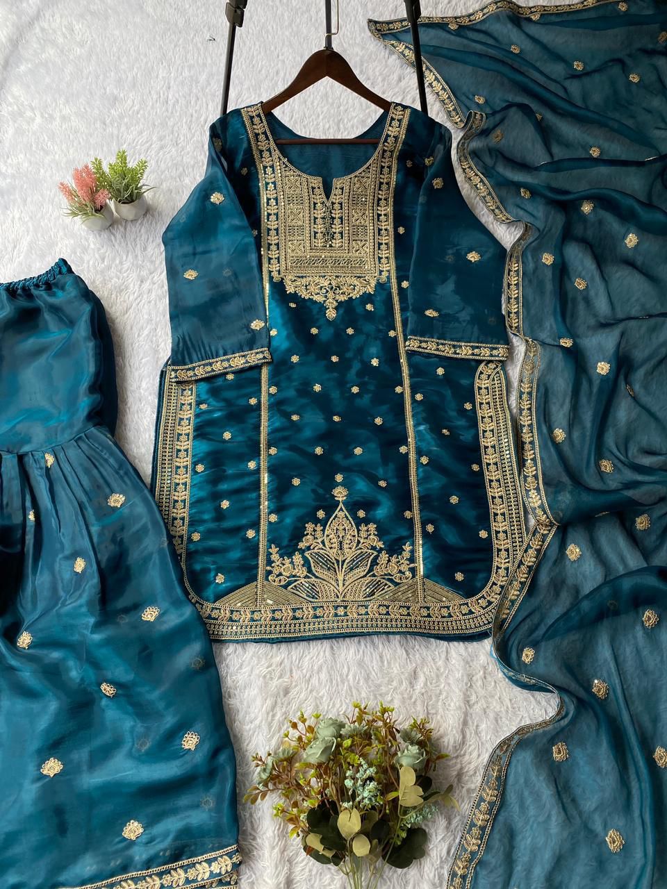 Teal Peacock Blue Designer Cording Sequins Embroidered Top, Sharara & Dupatta Set