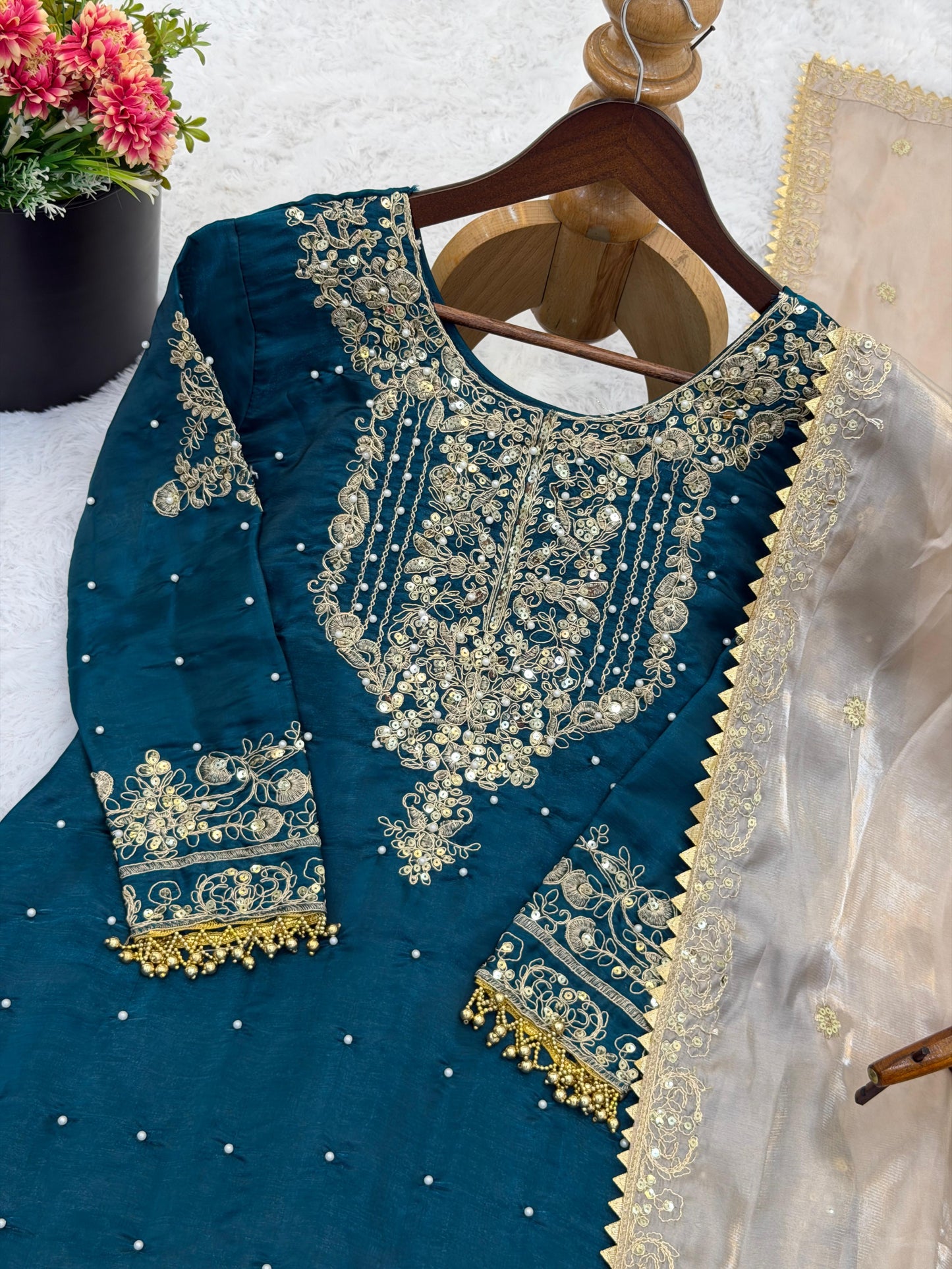 Teal Green Designer Heavy Silk Eid Special Embroidered Top, Palazzo & Dupatta Set