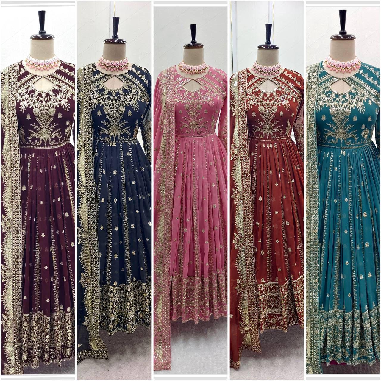 Wine Color Designer Faux Georgette Gown with Pant & Dupatta Set
