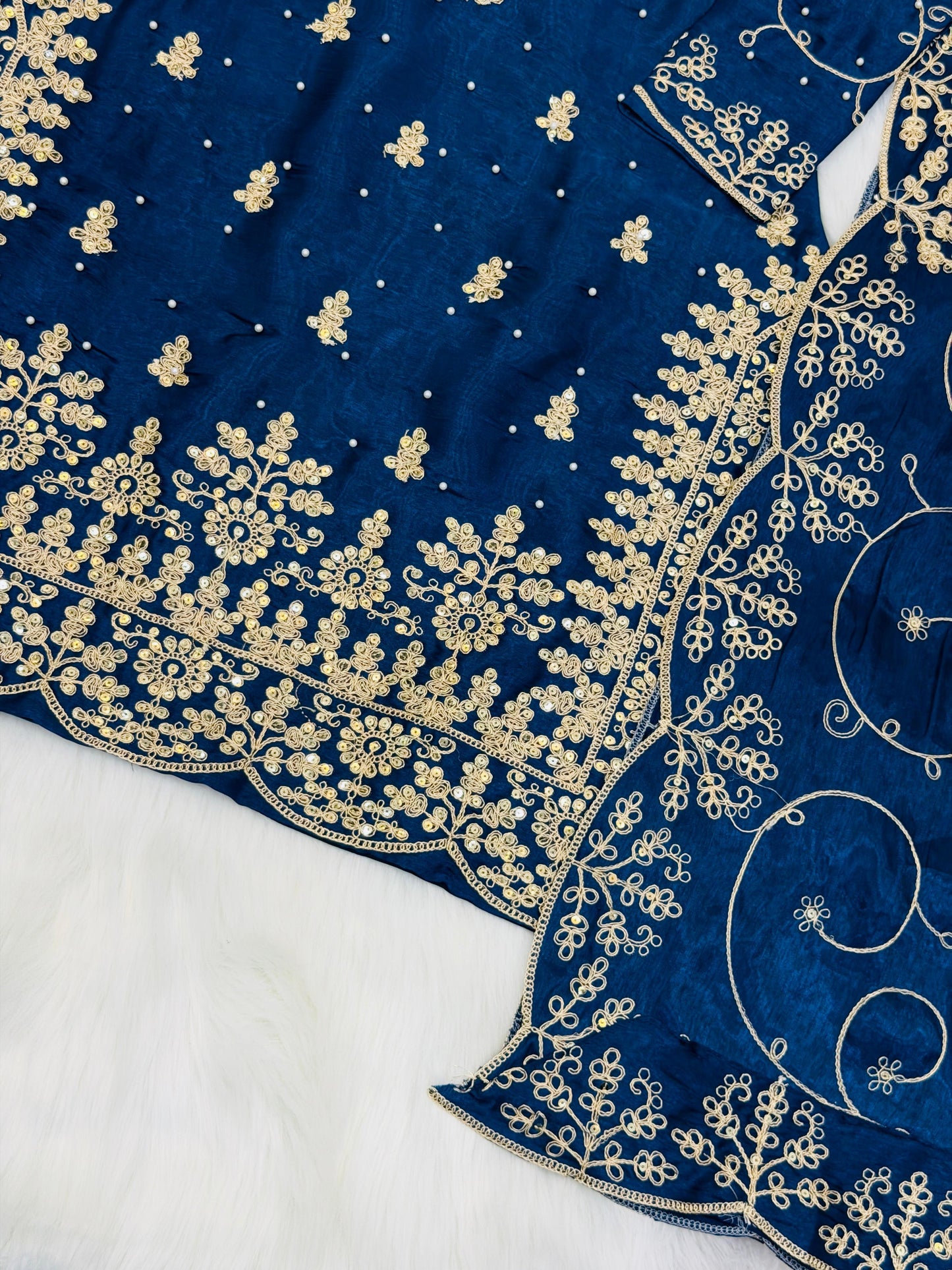 Deep blue Designer Silk Embroidered Top, Palazzo & Dupatta Set