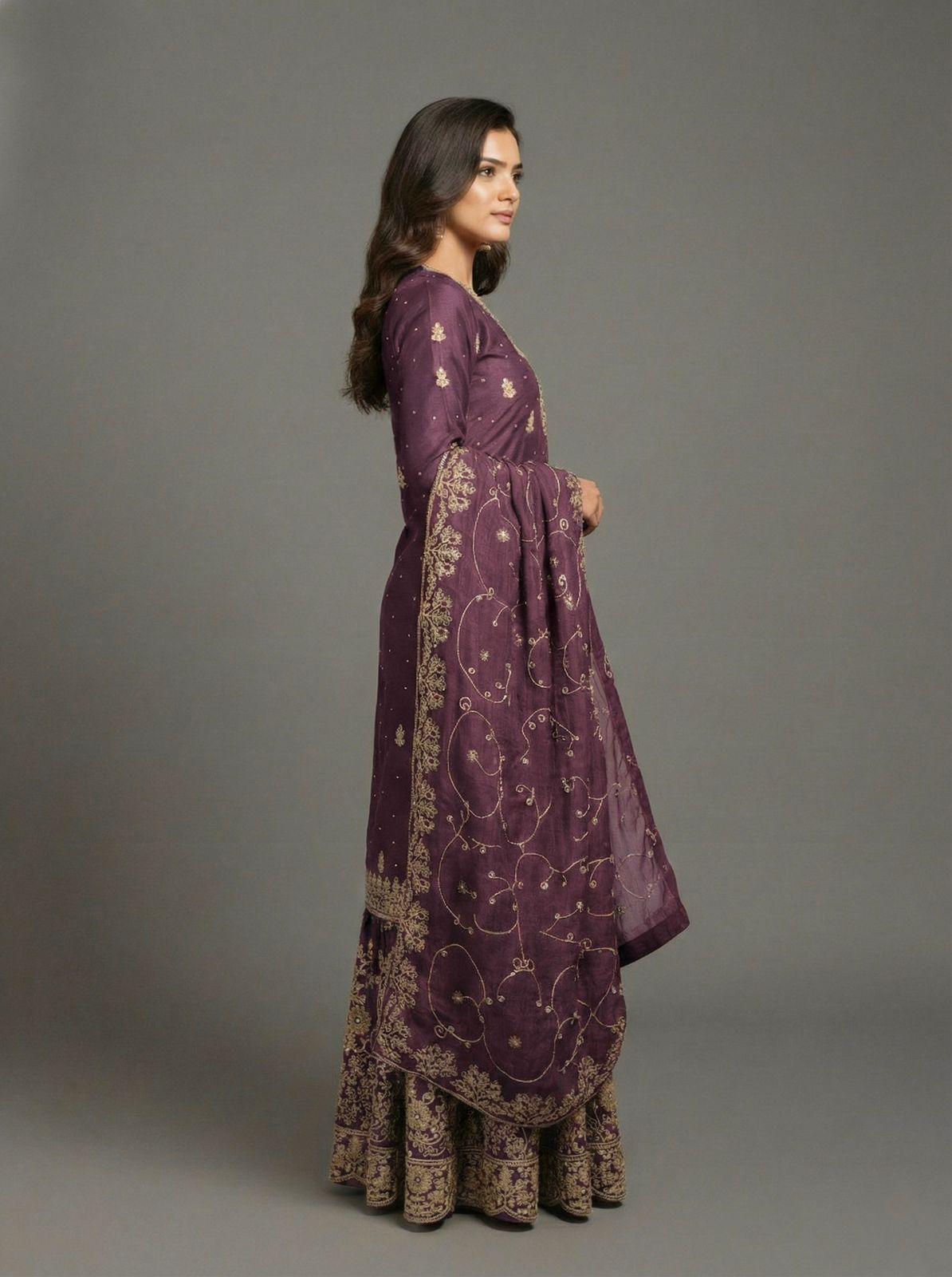 Dusty Pink Designer Silk Embroidered Top, Palazzo & Dupatta Set
