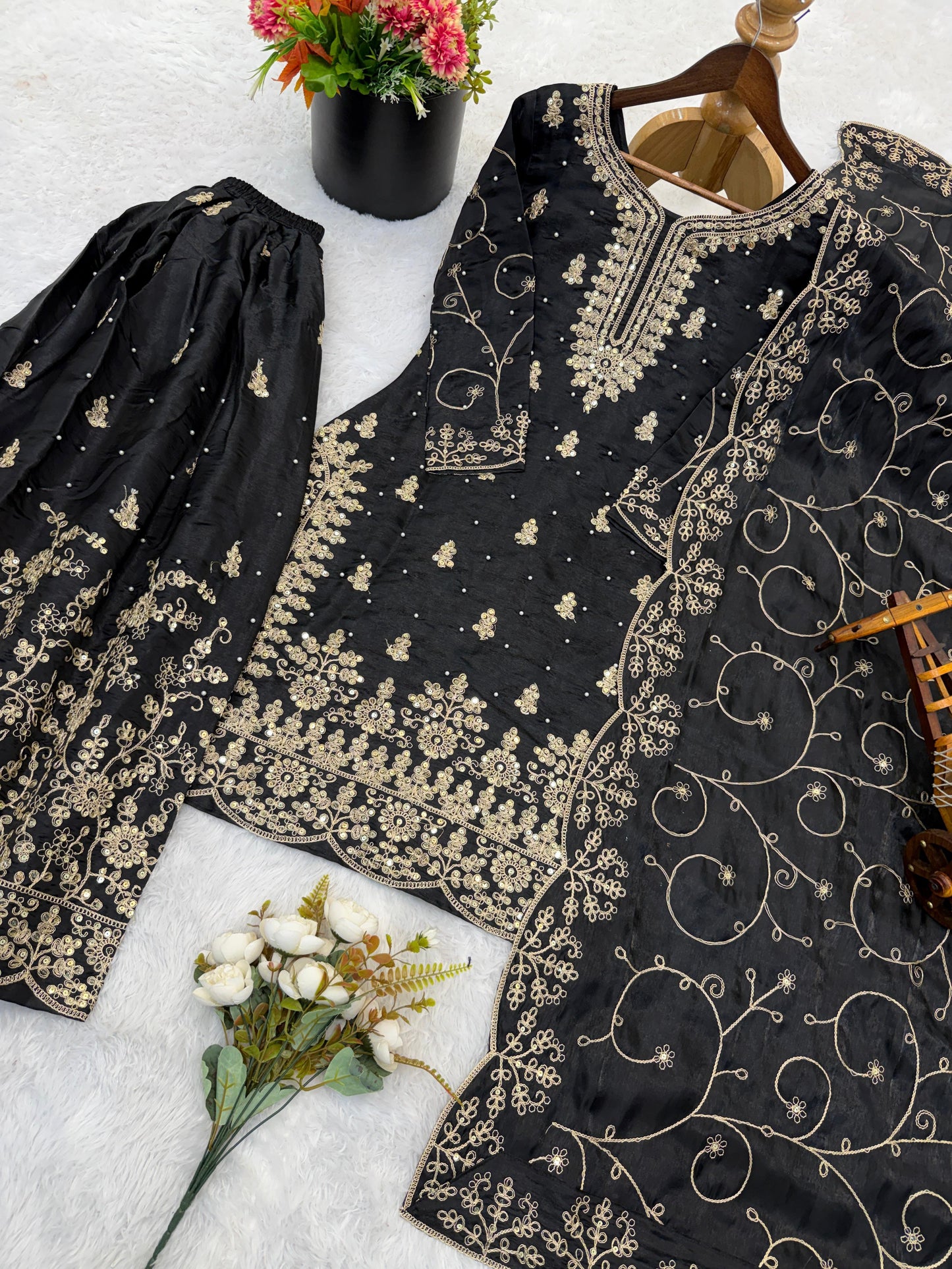 Black Designer Silk Embroidered Top, Palazzo & Dupatta Set Eid Special