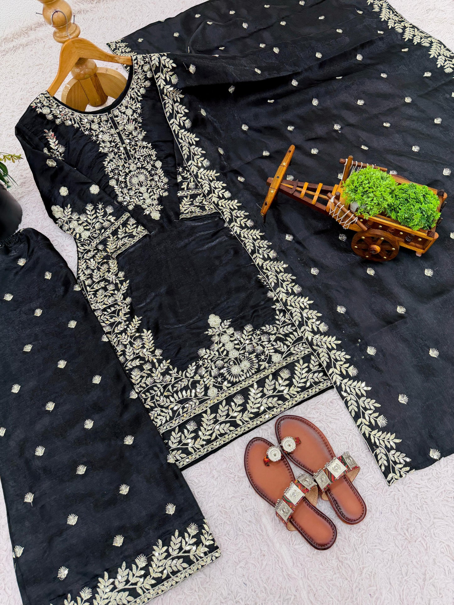 Black Designer Silk Heavy Embroidery Top, Plazzo & Dupatta Set Eid Special