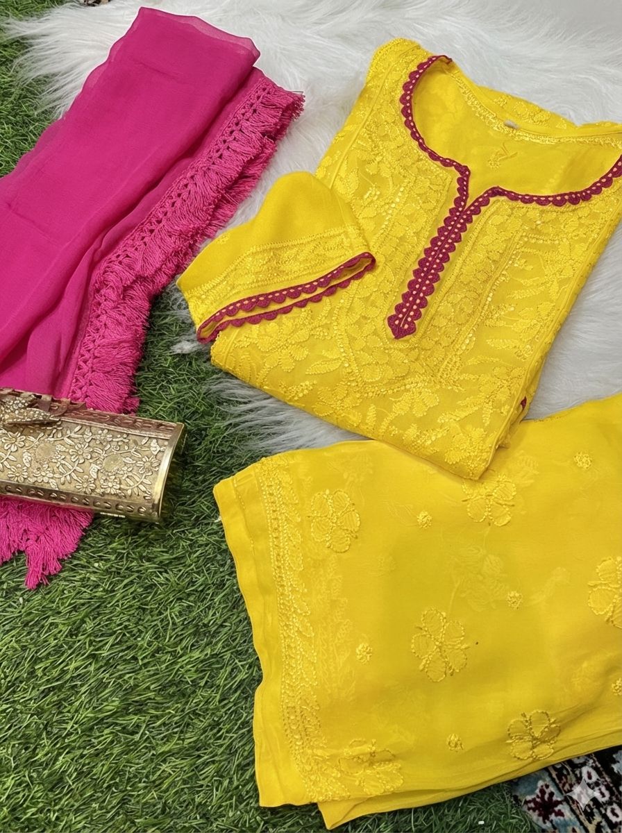 Beautiful Yellow & Pink Chikankari Elegance Ensemble
