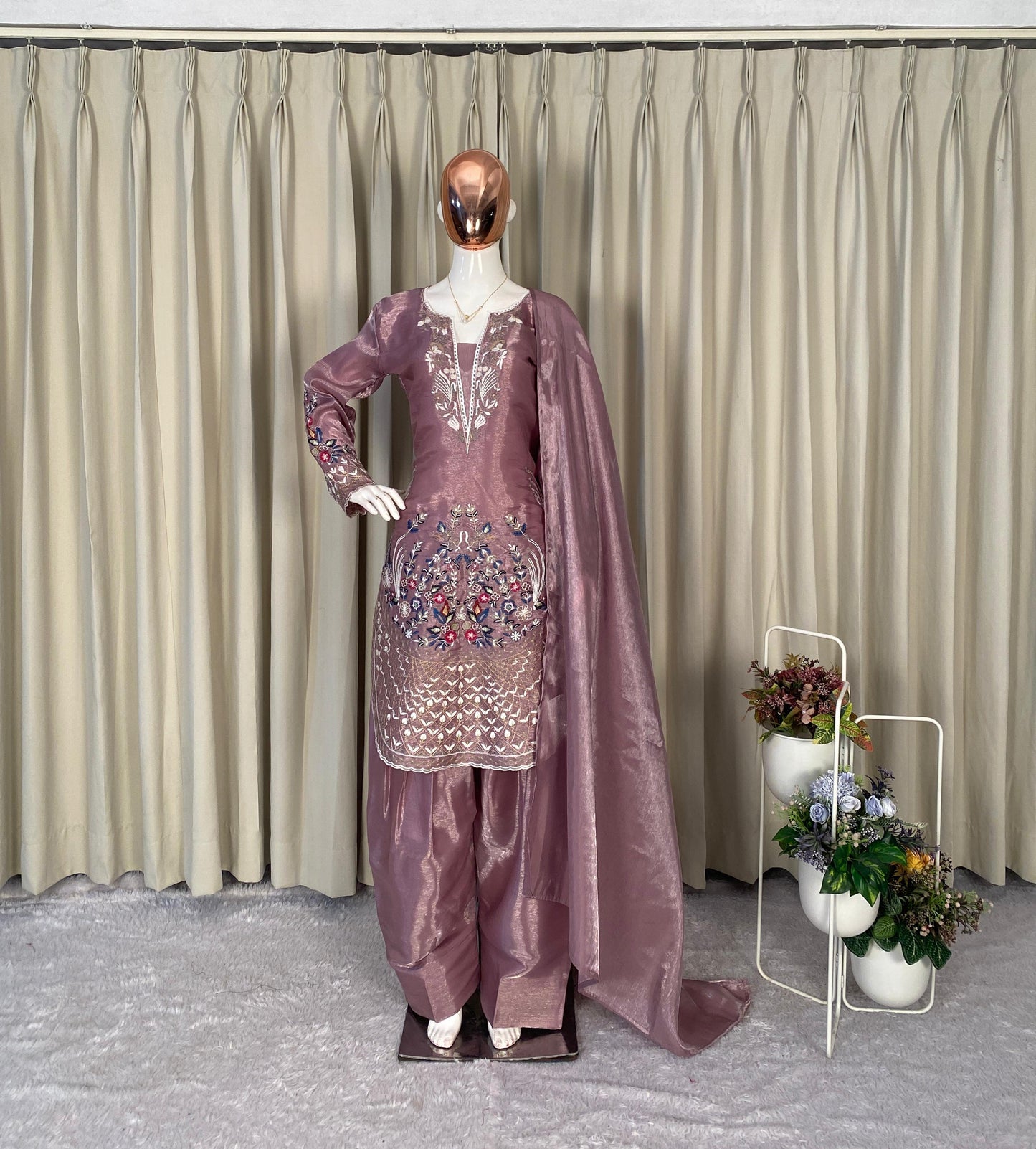 Pink Designer Embroidered Organza Top with Farsi Salwaar & Dupatta Set