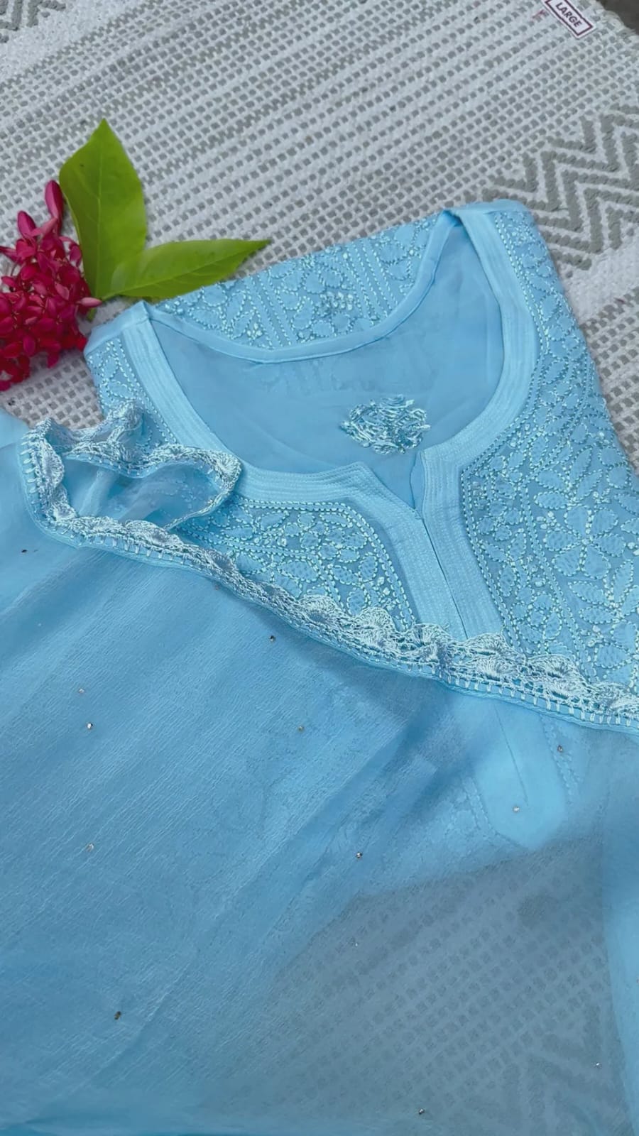 Aqua Blue Elegant Viscose Lucknow Chikankari Handwork Ensemble (Latest)