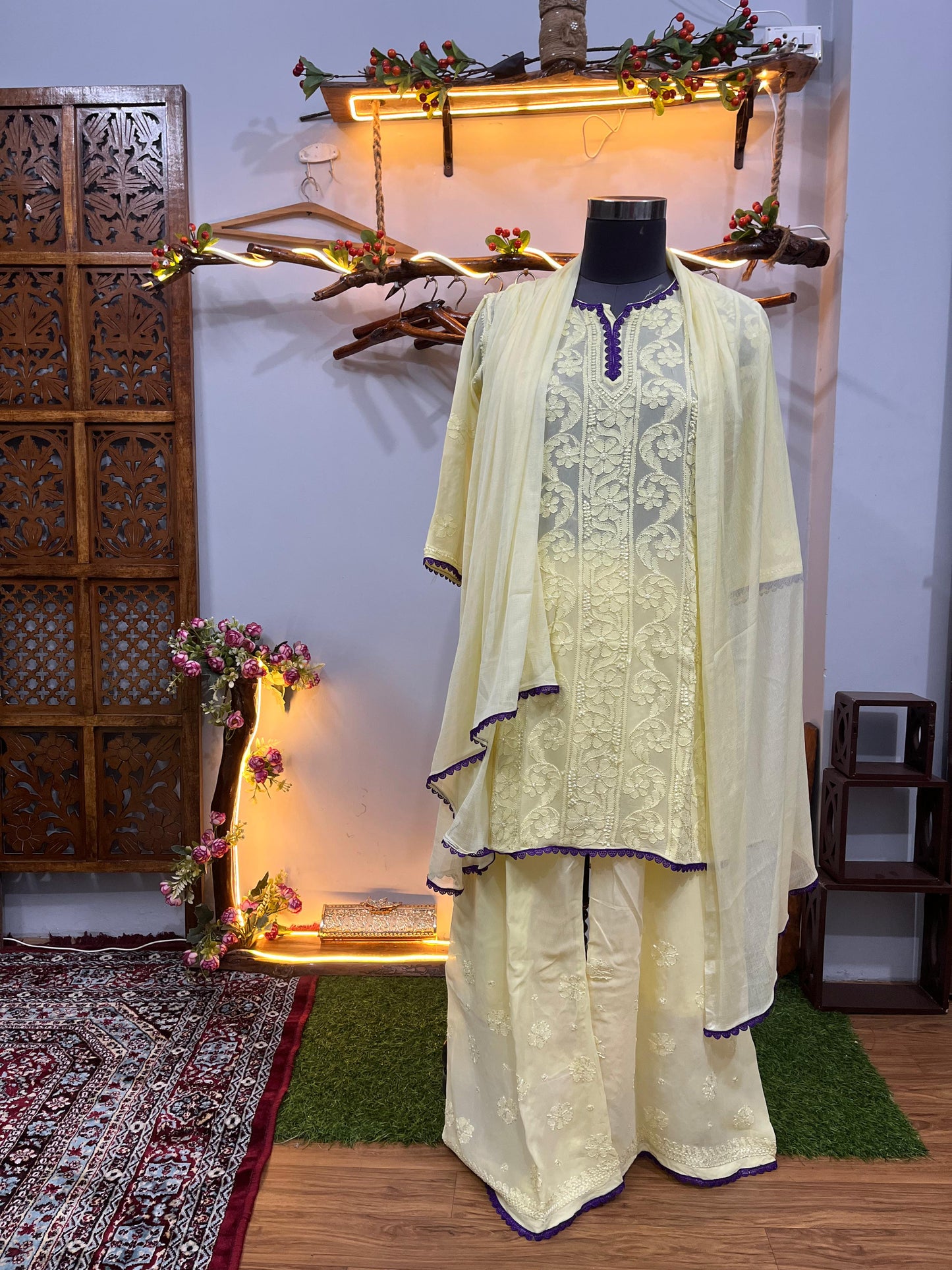 Beige Resham Jaal Premium Viscose Chikankari Short Kurti Set