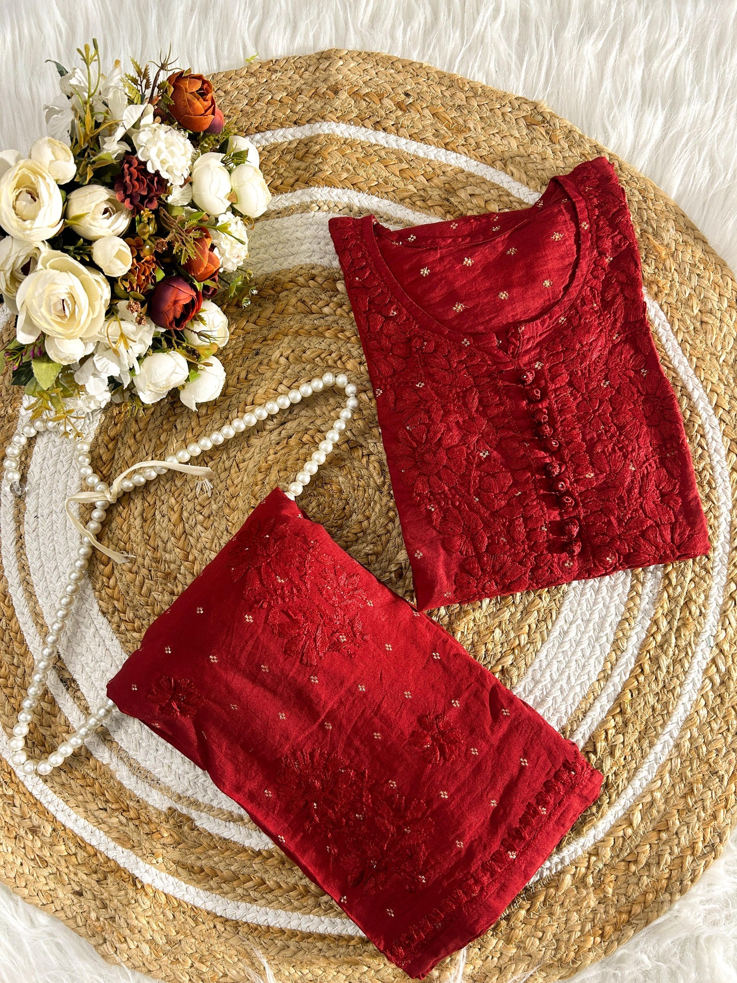 Red Handcrafted Chikankari Chanderi Silk Co-ord Set