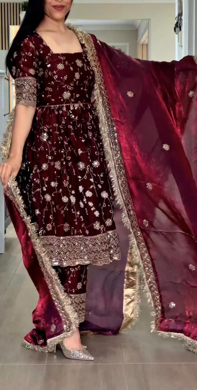 Maroon Designer Party Wear Gown, Pant and Dupatta Set