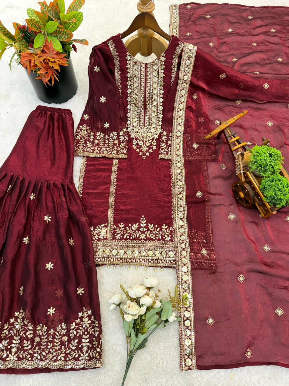 Maroon Party Wear Silk Embroidery & Sequins Work Fully Stitched Salwar Suit Set
