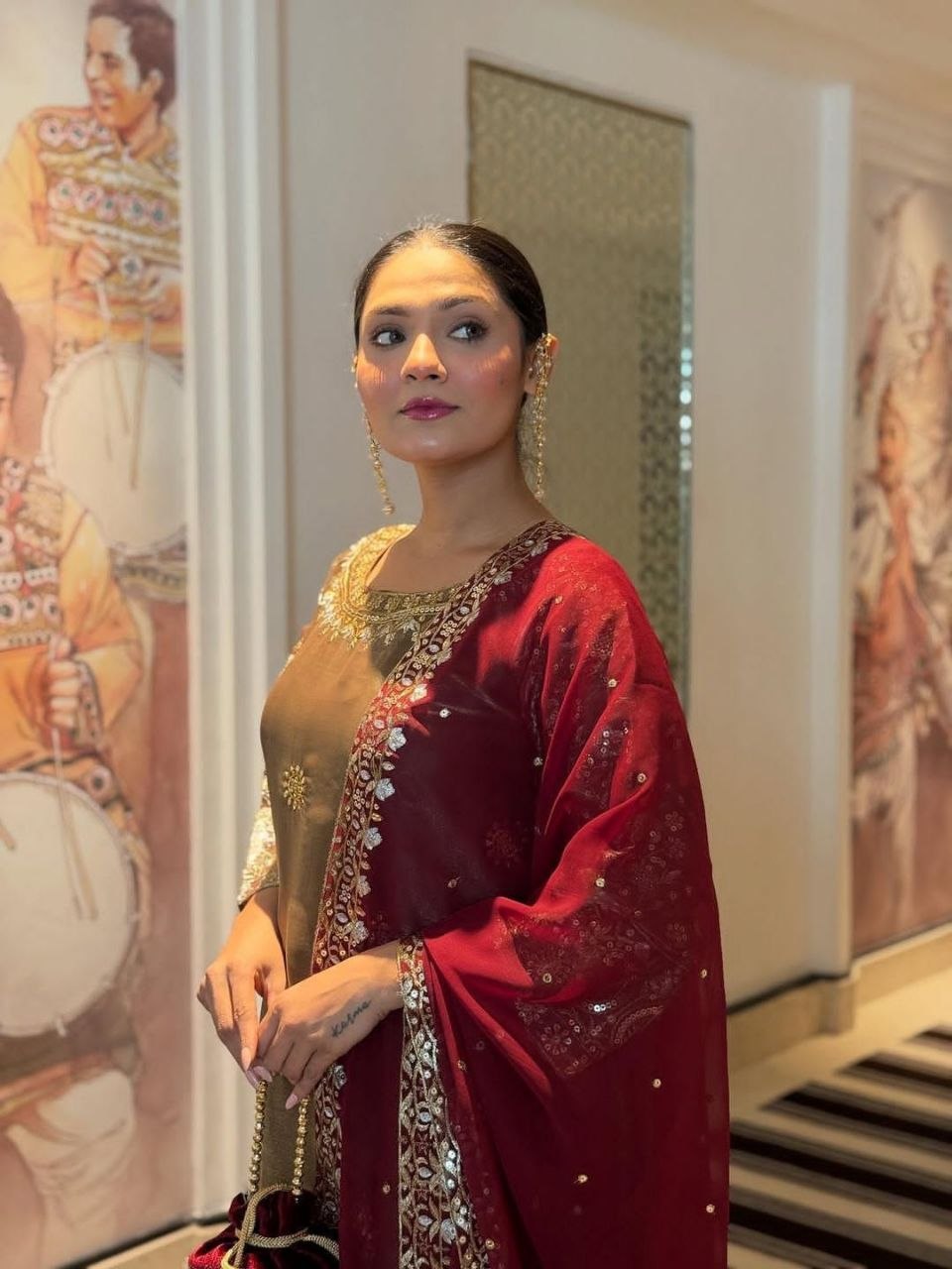 Golden Ready-to-Wear 3-Piece Fancy Silk Kurti Set with Contrast Maroon Dupatta