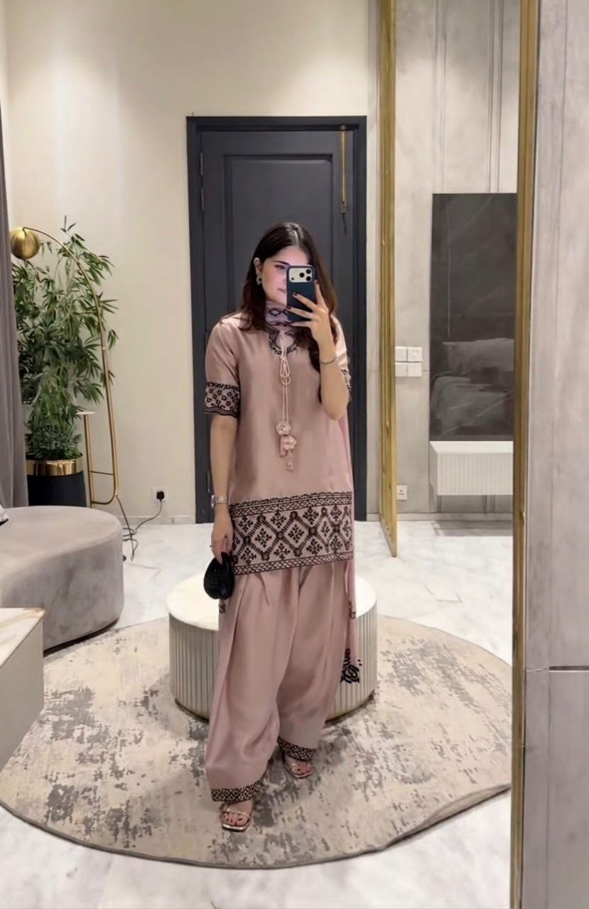 Dusty Pink Designer Crepe Silk Party Wear Top with Farshi Salwar Suit