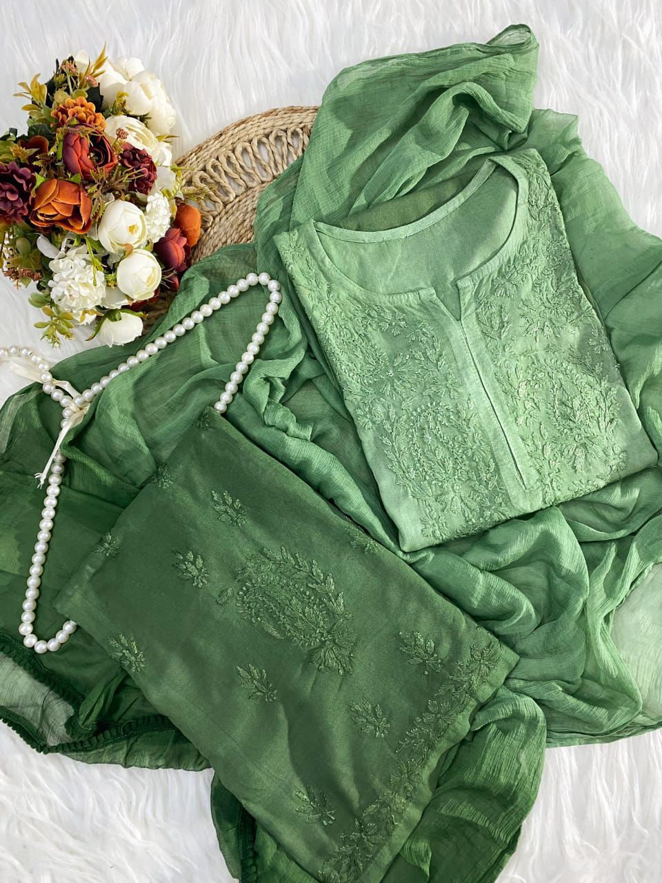 Green Ombre Handcrafted Lucknow Chikankari Rayon 3-Piece Set Plus Sizes