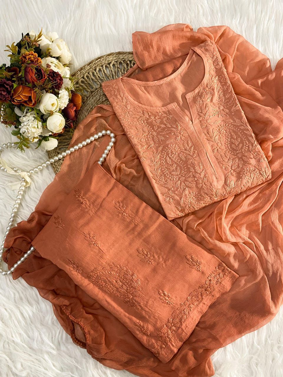 Terra Cotta Ombre Handcrafted Lucknow Chikankari Rayon 3-Piece Set Plus Sizes